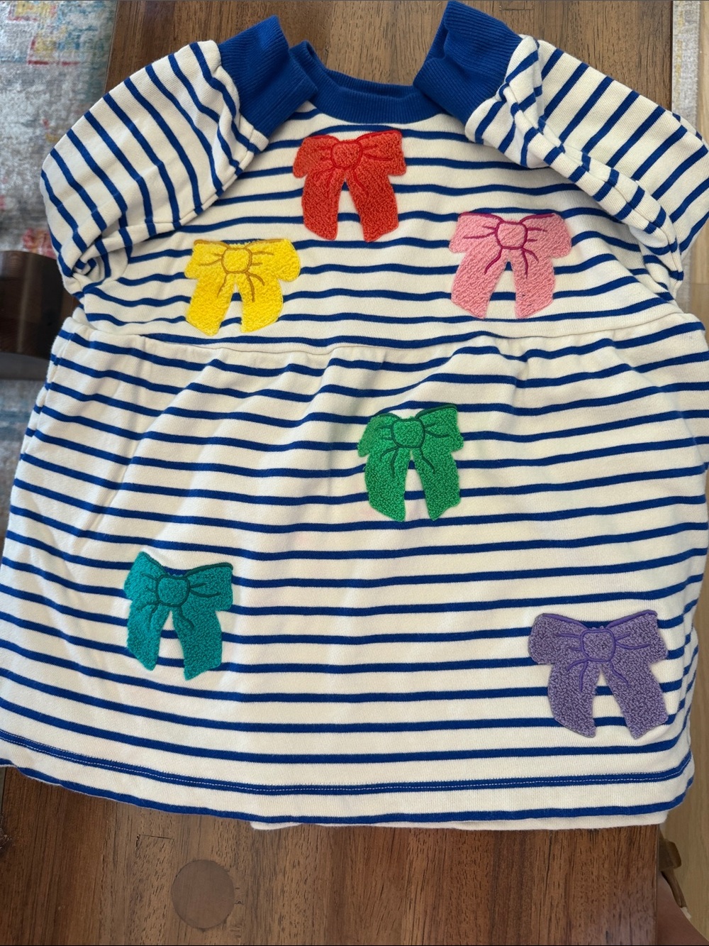 Mini Boden Blue & White Striped Dress with Multicolor Bow Appliqués
